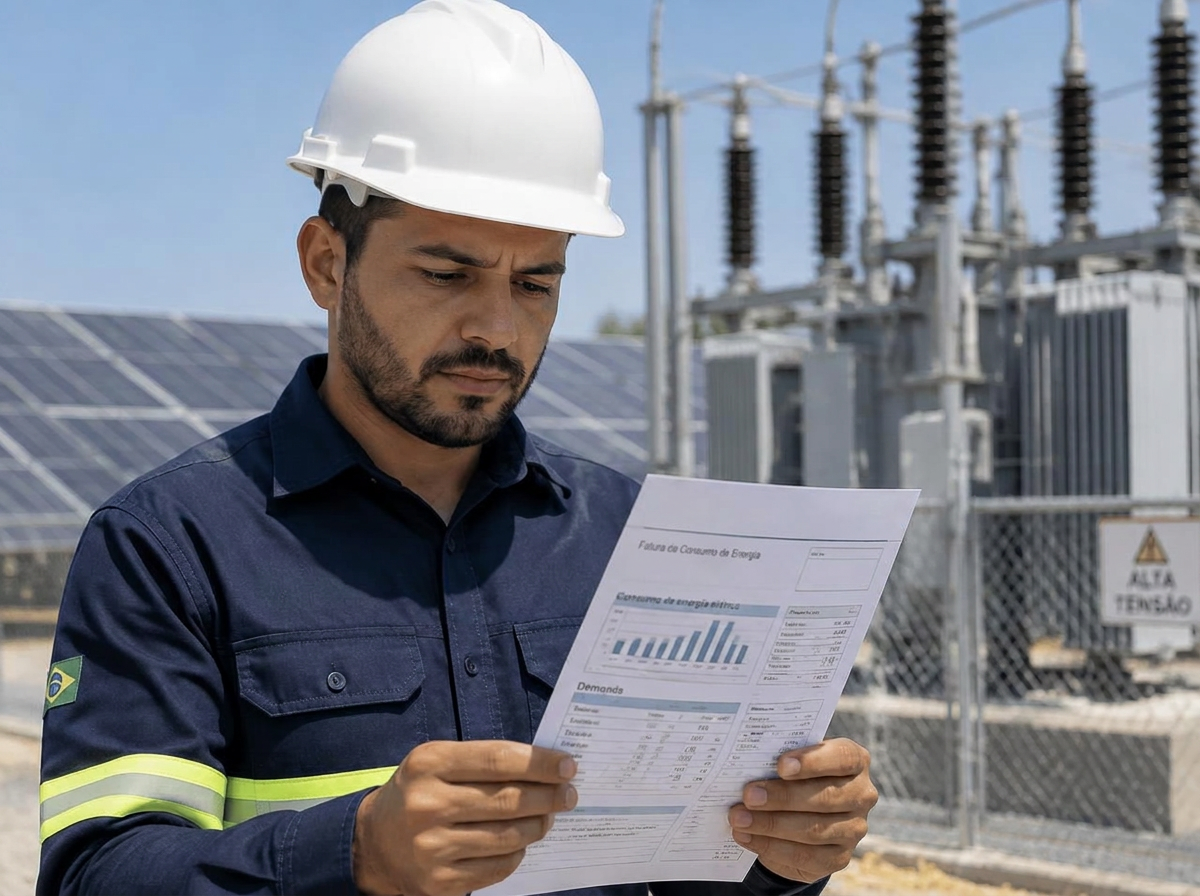 Técnico da Leandro Energia Solar analisando uma conta de luz de média tensão